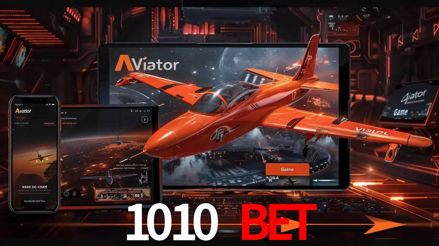 Apresentação tecnológica do jogo Aviator com um avião saindo da tela de um tablet, demonstrando a experiência imersiva em múltiplos dispositivos no 1010 bet.