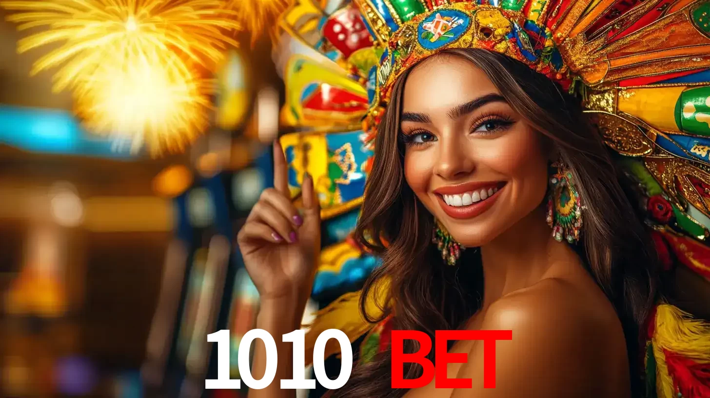 Mulher sorridente com um cocar de carnaval vibrante e colorido, celebrando uma grande vitória nos jogos do cassino 1010 bet com fogos de artifício ao fundo.