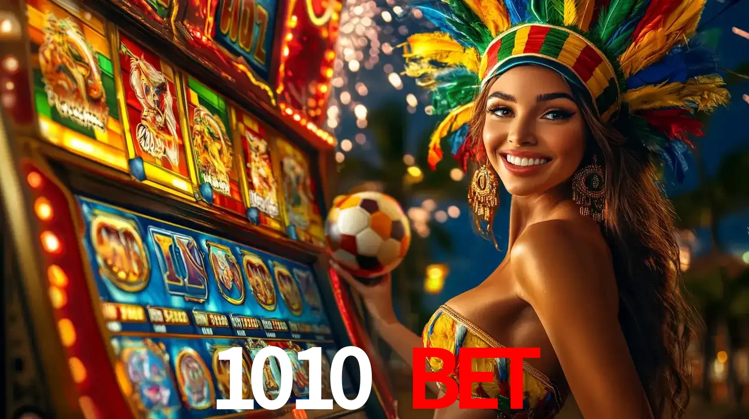 Mulher com um cocar de carnaval ao lado de uma máquina de caça-níqueis enquanto segura uma bola de futebol, mostrando a união da diversão de cassino e esportes no 1010 bet.