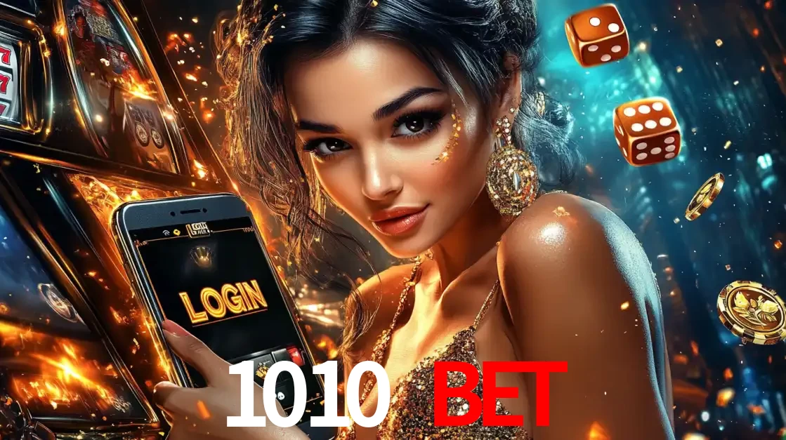 Mulher glamourosa segurando um celular com a tela de login do cassino 1010 bet, rodeada por dados e moedas douradas, pronta para começar a diversão.