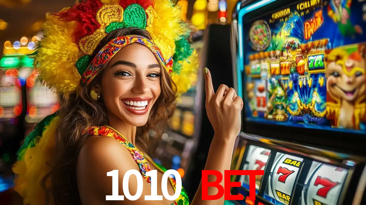 Mulher animada com um cocar de carnaval apontando para uma máquina de caça-níqueis, mostrando a emoção de ganhar um grande prêmio nos jogos do 1010 bet.