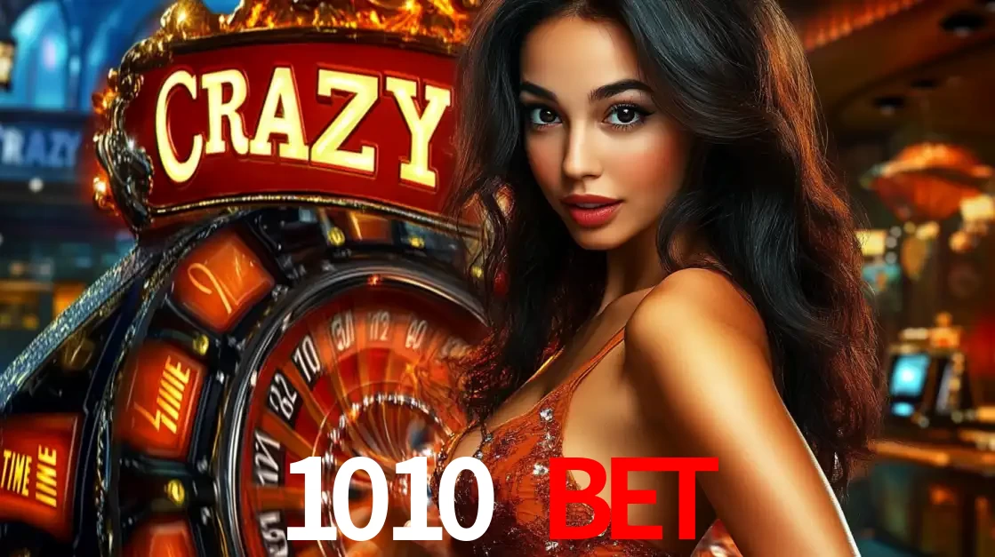 Mulher glamourosa olhando para a câmera com a roda vermelha do Crazy Time ao fundo em um ambiente de cassino, destacando a emoção dos jogos ao vivo no 1010 bet.
