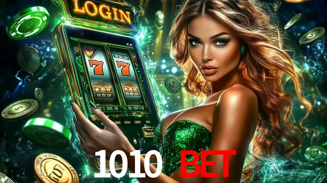 Mulher com tema verde apresentando o aplicativo do cassino 1010 bet com um jogo de slot de 777, cercada por fichas de cassino e uma aura de sorte.