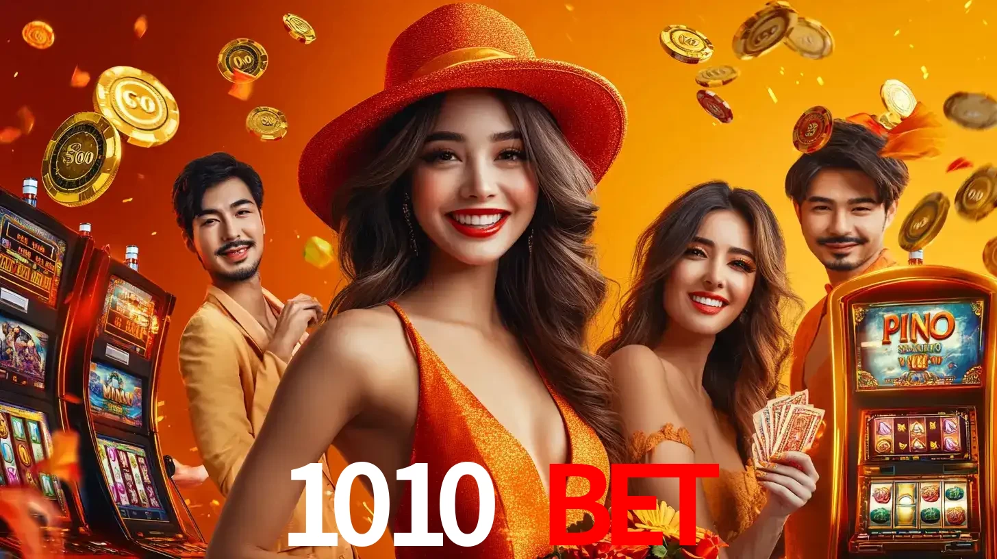 Grupo de amigos asiáticos sorrindo e se divertindo com máquinas de caça-níqueis em um ambiente festivo, celebrando suas vitórias nos jogos de cassino do 1010 bet.