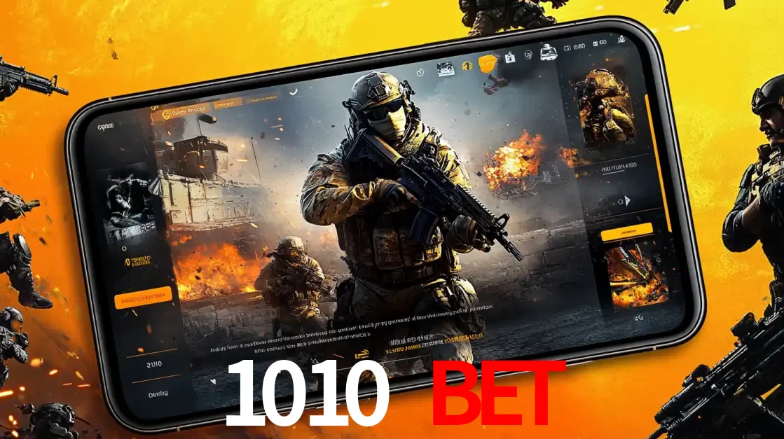 Um smartphone exibindo a interface de um jogo de tiro em primeira pessoa, com um soldado em um cenário de batalha, representando a ação dos e-sports para apostar no 1010 bet.