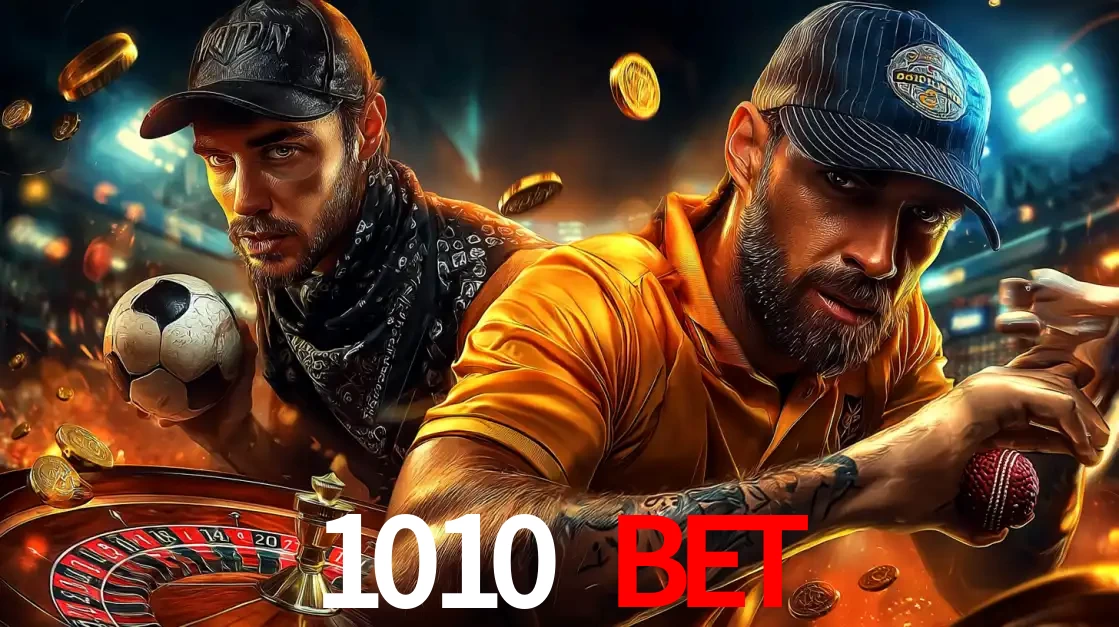 Montagem de apostas esportivas e cassino no 1010 bet, com um homem segurando uma bola de futebol e outro uma de beisebol sobre uma roleta e moedas voadoras.