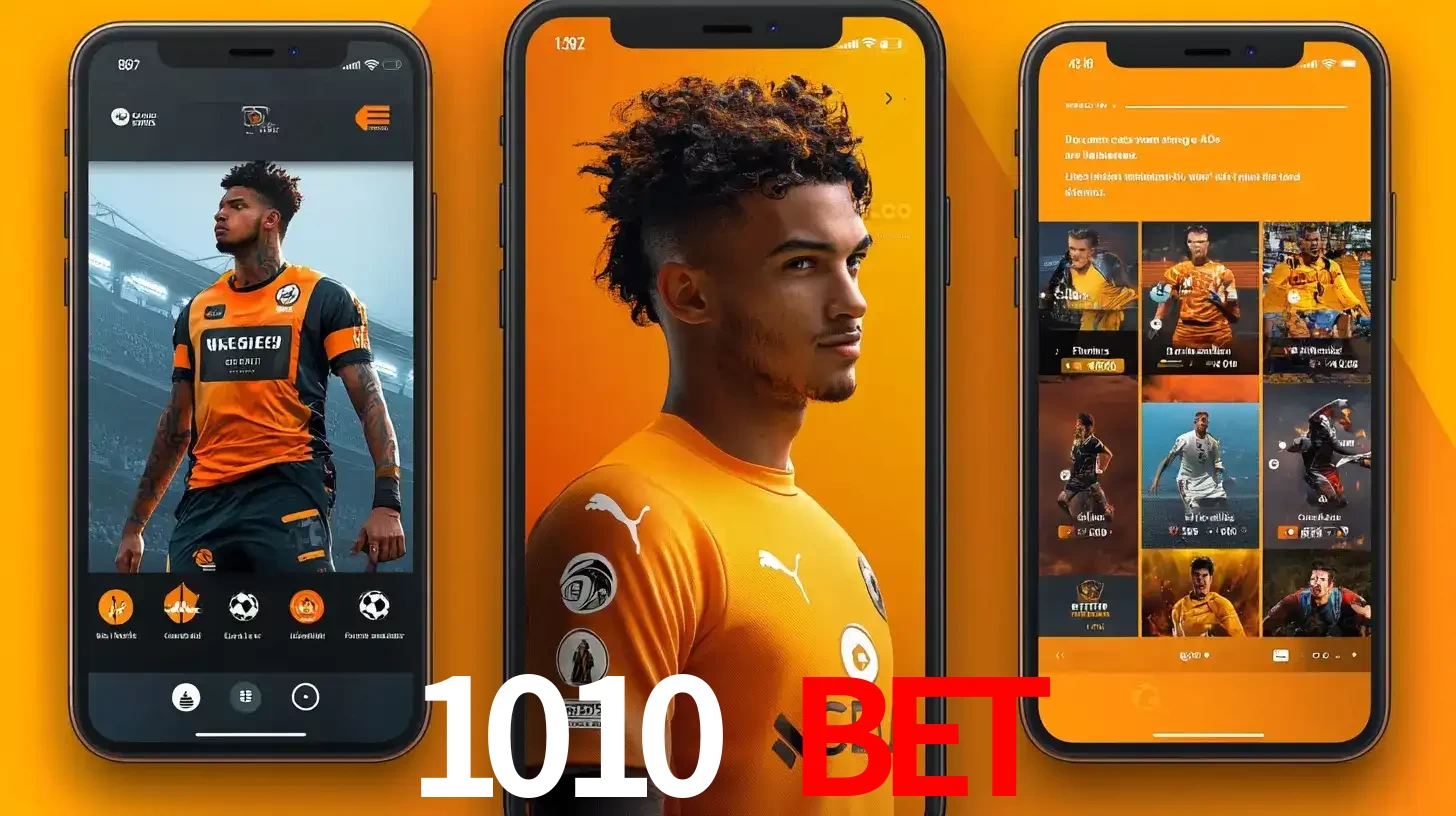 Interface do aplicativo de apostas esportivas 1010 bet em três telas de celular, mostrando o perfil de um jogador de futebol e a lista de jogos disponíveis para apostar.