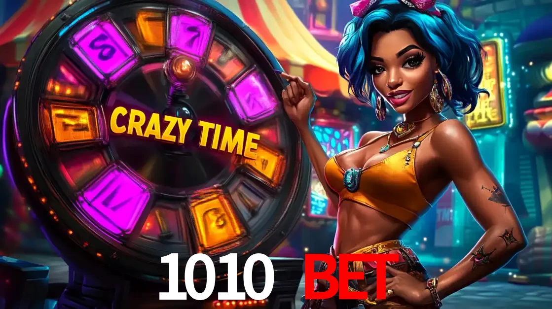 Mulher estilizada com cabelo azul e visual vibrante posando ao lado da roda de prêmios do game show Crazy Time, convidando para a diversão e os bônus do cassino 1010 bet.