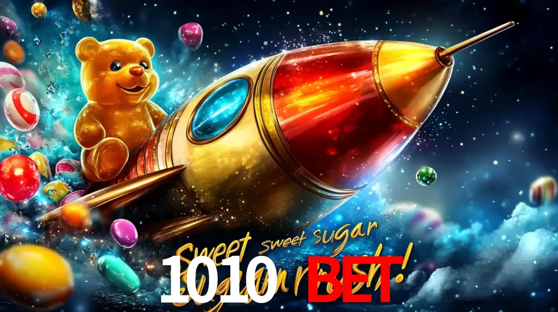 Arte promocional do jogo de slot Sugar Rush, com um urso de pelúcia em um foguete viajando pelo espaço de doces, um dos jogos divertidos disponíveis no cassino 1010 bet.