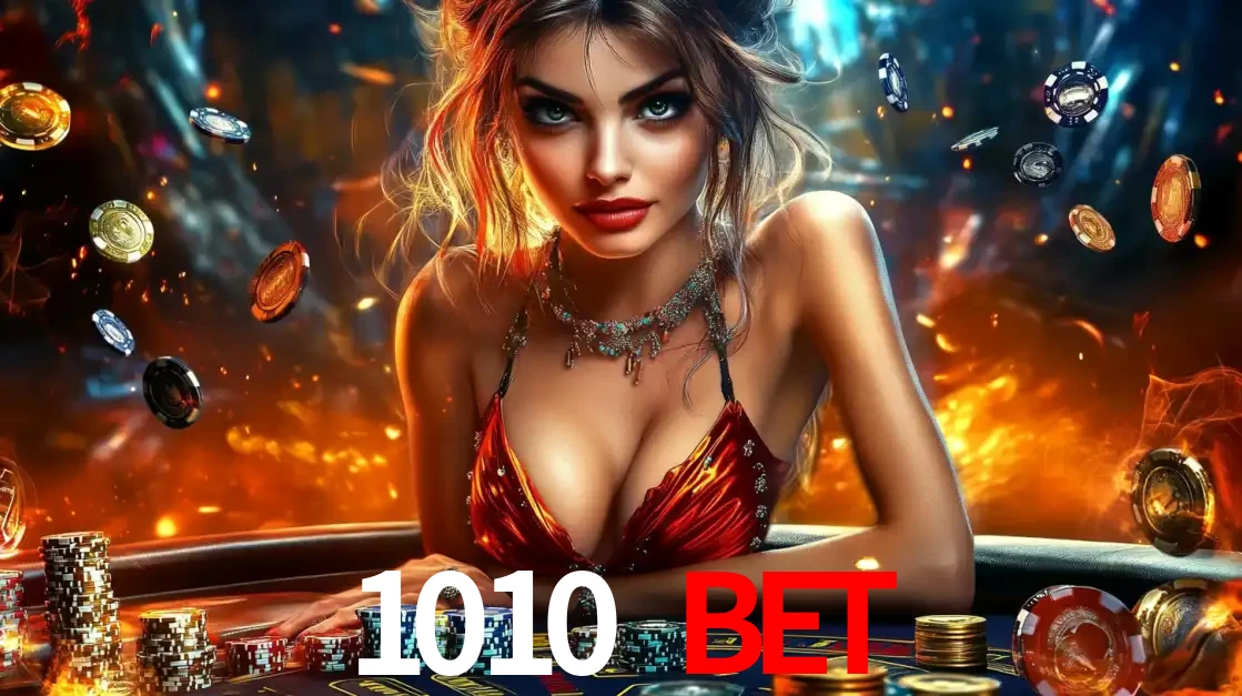 Mulher em uma mesa de cassino com pilhas de fichas e um fundo de fogo, pronta para uma rodada de altas apostas nos jogos de mesa emocionantes do cassino 1010 bet.