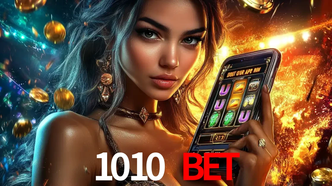 Mulher elegante mostrando um jogo de caça-níqueis em seu smartphone, destacando a experiência de cassino móvel oferecida pelo aplicativo 1010 bet.