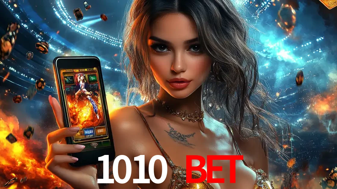 Mulher segurando um celular com um jogo de slot em destaque, tendo como fundo um estádio vibrante, simbolizando a emoção de jogar no cassino móvel 1010 bet.