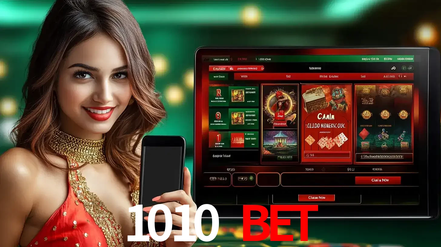 Mulher sorridente segurando um smartphone, ao lado de uma tela exibindo o lobby de jogos do cassino online 1010 bet, com várias opções de jogos de cartas e slots.
